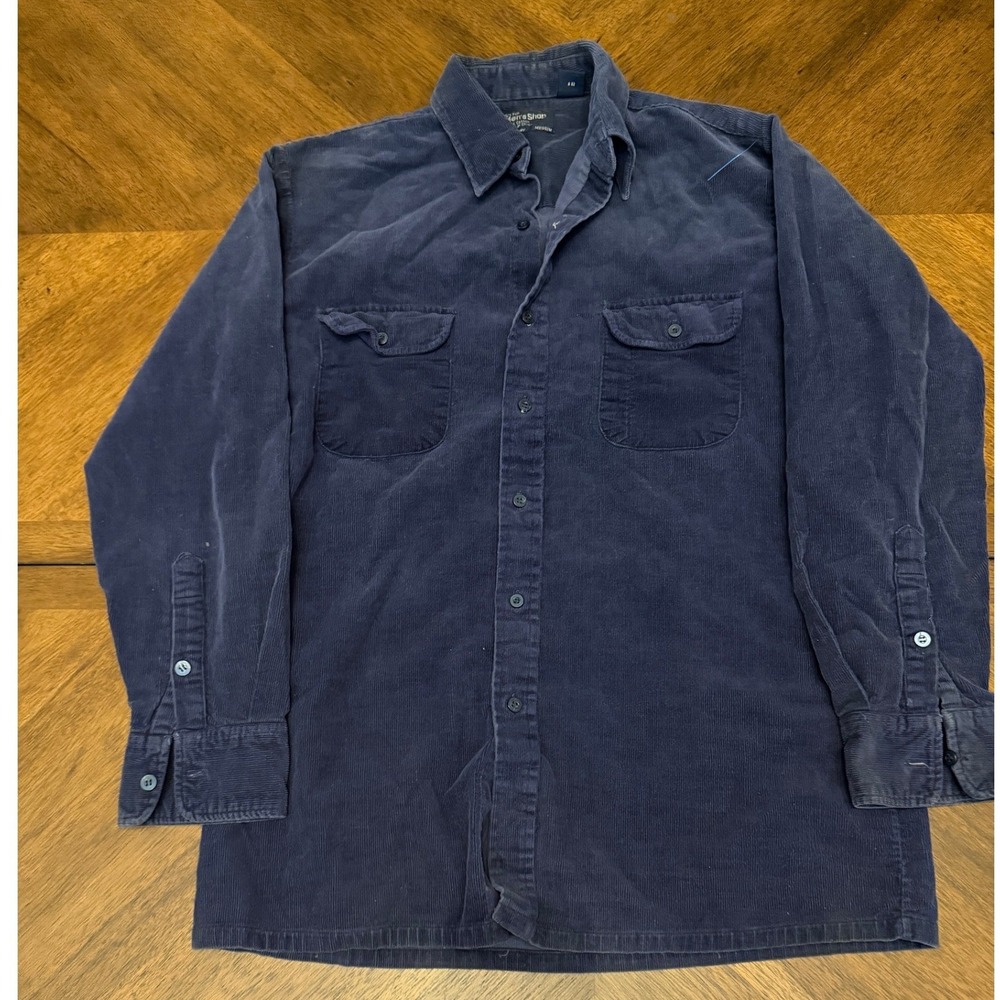 Vintage JCPenney Mens Navy‎ Blue Corduroy Button Down Shirt Medium Long Sleeve